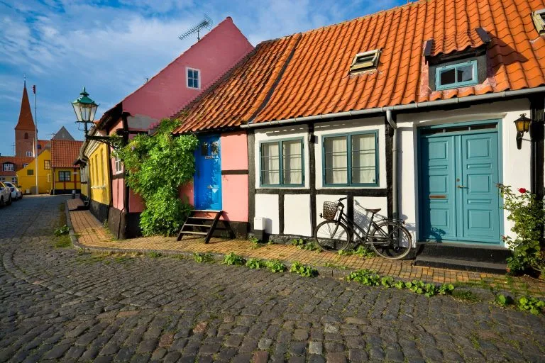 Traditional colorful half-timbered houses in Ronne, Bornholm, Denmark